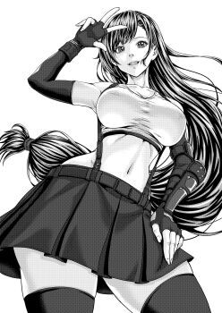 1girl absurdres bare_shoulders black_bra black_hair black_skirt black_thighhighs bra breasts cleavage commentary crop_top elbow_gloves elbow_pads final_fantasy final_fantasy_vii final_fantasy_vii_remake fingerless_gloves gloves greyscale hand_on_own_hip highres large_breasts long_hair looking_at_viewer low-tied_long_hair midriff monochrome navel nito_(mrrx5772) parted_lips pleated_skirt screentones shirt single_elbow_pad single_vambrace skindentation skirt sleeveless sleeveless_shirt smile solo sports_bra suspenders thighhighs tifa_lockhart underwear v vambraces white_background white_shirt