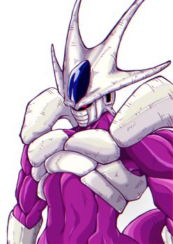 Rule 34 | 1boy, armor, biceps, breastplate, chromatic aberration, colored skin, commentary, cooler (dragon ball), cooler (fifth form) (dragon ball), dragon ball, dragonball z, forehead jewel, highres, horns, male focus, mask, mokorakugaki, mouth mask, muscular, muscular male, no pupils, purple skin, red eyes, shoulder armor, simple background, solo, tail, upper body, vambraces, white background