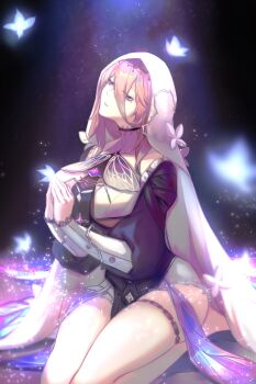 1girl absurdres aponia black_dress blonde_hair blue_eyes breast_curtains breasts bug butterfly chinese_commentary commentary_request dress hair_between_eyes highres honkai_(series) honkai_impact_3rd hulai_de_gou_sheng insect large_breasts medium_hair mole mole_under_eye nun nun_headdress own_hands_together praying seiza sitting solo thigh_strap thighs veil white_veil