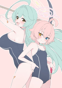 2girls :d absurdres abydos_high_school_swimsuit ahoge bandaid bandaid_on_arm bandaid_on_leg blue_archive blue_eyes blue_one-piece_swimsuit blush breasts closed_mouth commentary_request covered_navel halo heterochromia highres hoshino_(blue_archive) hoshino_(first_year)_(blue_archive) huge_ahoge huge_breasts long_hair looking_at_viewer mistel_(sukebemistel) multiple_girls one-piece_swimsuit open_mouth outline partial_commentary pickaxe pink_hair pink_halo revision school_swimsuit short_hair simple_background small_breasts smile swimsuit very_long_hair white_outline yellow_eyes yellow_halo yume_(blue_archive)