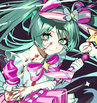 1girl absurdres aqua_eyes aqua_hair bib_collar blood blood_on_clothes blood_on_face bow bowtie collared_shirt commentary dress elbow_gloves frills gloves hairband hashtag-only_commentary hatsune_miku highres holding holding_wand ima_sugu_rinne_(vocaloid) long_hair looking_at_viewer m_psycho_83 magical_girl pink_bow pink_bowtie pink_dress pink_hairband puffy_short_sleeves puffy_sleeves shirt short_sleeves smile solo star-shaped_pupils star_(symbol) symbol-only_commentary symbol-shaped_pupils twintails vocaloid wand white_gloves wispy_bangs