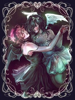 Rule 34 | 2girls, alien stage, angel wings, bare shoulders, black choker, black dress, black hair, black wings, blood, blood on face, blood on hands, blue eyes, bow, choker, commentary, cutegirlsart, dancing, demon wings, dress, english commentary, hair bow, highres, medium hair, mizi (alien stage), multiple girls, official alternate costume, pink hair, short hair, signature, sua (alien stage), valentine, white bow, white dress, white wings, wings, yuri