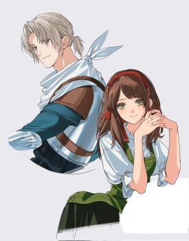 Rule 34 | 1boy, 1girl, apron, armor, bandana, bandana around neck, blue eyes, blue sweater, breastplate, brown hair, closed mouth, commentary request, cowboy shot, dress, green apron, green dress, green eyes, grey hair, hair ribbon, hairband, hands up, highres, keta040429, octopath traveler, octopath traveler: champions of the continent, octopath traveler 0, ponytail, red hairband, red ribbon, ribbon, shirt, short hair, short ponytail, short sleeves, simple background, sitting, smile, standing, stia (octopath traveler), sweater, viator (octopath traveler), white background, white bandana, white shirt