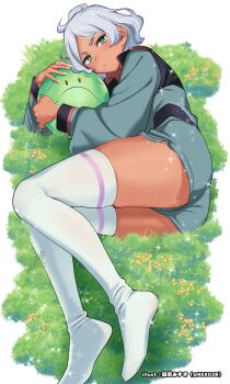 1girl absurdres artist_name asticassia_school_uniform blush commentary_request dark-skinned_female dark_skin field flower fluffy_hair grass green_eyes gundam gundam_suisei_no_majo haro highres looking_at_viewer lying nekomiya_mizuki on_side school_uniform secelia_dote short_hair shorts skindentation thick_thighs thighhighs thighs twitter_username white_hair white_nails white_thighhighs