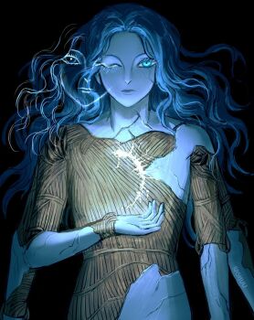 1girl black_background blue_eyes blue_skin colored_skin commentary cracked_skin doll elden_ring english_commentary extra_faces highres inktober long_hair one_eye_closed ranni_the_witch rashuu solo standing wavy_hair