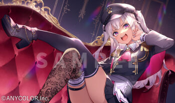 1girl black_hat black_jacket black_skirt black_thighhighs commentary copyright_notice dark-skinned_female dark_skin essual_(layer_world) grey_hair hat jacket looking_at_viewer matsukai_mao matsukai_mao_(2nd_costume) military_hat military_jacket military_uniform nijisanji official_alternate_costume official_art open_mouth purple_eyes sample_watermark skirt smile solo thigh_strap thighhighs two_side_up virtual_youtuber watermark