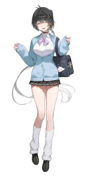 1girl absurdres alternate_costume bag bag_charm black_hair black_shoes black_skirt blue_sweater breasts charm_(object) closed_eyes commentary female_rover_(wuthering_waves) full_body hair_ornament hairclip hands_up hashtag-only_commentary highres long_hair long_sleeves looking_at_viewer medium_breasts parallel_hairclips rover_(wuthering_waves) school_bag shoes skirt smile socks solo sweater very_long_hair white_socks wuthering_waves youngjoo_kjy