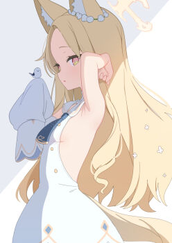 Rule 34 | 1girl, animal ears, animal on arm, arm up, armpit focus, armpits, backless outfit, bare shoulders, bird, blue archive, breasts, commentary, cowboy shot, detached sleeves, dress, forehead, foulo paints, fox ears, fox tail, from side, grey background, long hair, looking at viewer, looking to the side, parted lips, profile, seia (blue archive), sideboob, sideless outfit, simple background, single bare arm, single detached sleeve, sleeves past fingers, sleeves past wrists, small breasts, solo, tail, tit (bird), two-tone background, very long hair, white background, white dress