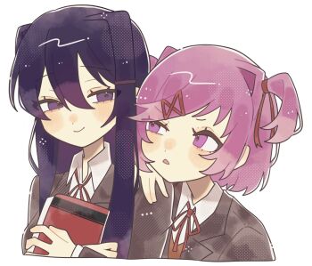 Rule 34 | 2girls, blush stickers, book, brown jacket, closed mouth, collared shirt, commentary request, cropped torso, doki doki literature club, doki doki literature club school uniform, eye contact, hair ribbon, highres, holding, holding book, jacket, long hair, looking at another, matching hair/eyes, multiple girls, natsuki (doki doki literature club), neck ribbon, okayu (okayuyuyu2), open mouth, pink eyes, pink hair, purple eyes, purple hair, red ribbon, ribbon, school uniform, shirt, short hair, simple background, smile, white background, white shirt, yuri (doki doki literature club)