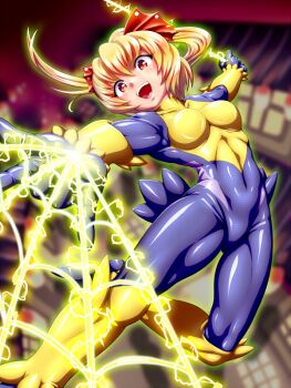 Rule 34 | :d, alternate costume, alternate hair length, alternate hairstyle, aozame takao, blonde hair, blue bodysuit, blurry, blurry background, bodysuit, breasts, commentary request, cosplay, galvantula, galvantula (cosplay), gen 5 pokemon, kurodani yamame, latex, latex bodysuit, medium breasts, multicolored bodysuit, nintendo, open mouth, pokemon, ponytail, red eyes, shiny clothes, silk, skin tight, smile, spider web, swinging on web, teeth, touhou, upper teeth only, variant set, yellow bodysuit
