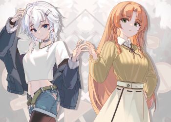 2girls absurdres alternate_costume belt black_pantyhose blue_eyes blue_jacket blue_shorts braid breasts brown_ribbon choker closed_mouth collared_shirt commentary contemporary cowboy_shot creenoy denim english_commentary green_belt green_eyes green_sweater grey_choker grey_hair hand_on_own_hip highres hong_meiling izayoi_sakuya jacket jeans jewelry knife_hair_ornament long_hair long_sleeves looking_at_viewer medium_breasts midriff mixed-language_commentary multiple_girls navel neck_ribbon no_headwear open_belt open_clothes open_jacket open_mouth orange_hair pants pantyhose ribbon ring shirt shorts skirt smile striped_clothes sweater touhou twin_braids vertical-striped_clothes vertical-striped_sweater very_long_hair white_shirt white_skirt