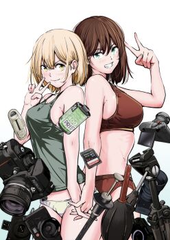 2girls aqua_eyes back-to-back bare_arms bare_shoulders blonde_hair bra breasts brown_hair camera camisole closed_mouth commentary_request cowboy_shot green_camisole green_panties grin hand_up highres holding_hands kyatatsu_so_big medium_breasts multiple_girls original panties red_bra simple_background smile sports_bra underwear v white_background yellow_eyes
