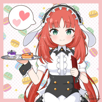 1girl animal_ears apron black_hairband black_skirt closed_mouth collared_shirt commentary cosplay fake_animal_ears fleur_de_lapin_uniform floppy_ears food frilled_apron frilled_hairband frills genshin_impact gochuumon_wa_usagi_desu_ka? green_eyes hairband heart highres holding holding_plate long_hair menu mitya nilou_(genshin_impact) parted_bangs plate polka_dot polka_dot_background puffy_short_sleeves puffy_sleeves rabbit_ears red_hair revision shirt short_sleeves skirt smile solo spoken_heart very_long_hair waist_apron waitress white_apron white_background white_shirt wrist_cuffs