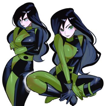 1girl absurdres arms_under_breasts asymmetrical_gloves black_bodysuit black_hair black_lips bodysuit breasts closed_mouth crossed_ankles crossed_arms gloves green_bodysuit green_eyes highres kim_possible_(series) long_hair medium_breasts mismatched_gloves multicolored_bodysuit multiple_views shego simple_background sitting skin_tight solo two-tone_bodysuit very_long_hair white_background zeon_(zzeeonn)