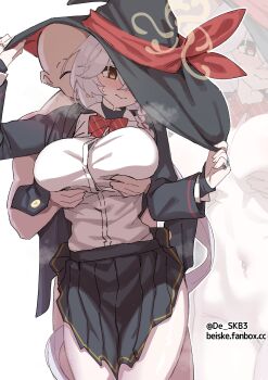 1boy 1girl artist_name bald beiske_(de_skb3) black_hat black_jacket black_skirt blue_archive blush bow bowtie breasts brown_eyes closed_eyes clothed_female_nude_male collared_shirt cowboy_shot embarrassed empty_eyes eri_(blue_archive) frown grabbing_another&#039;s_breast grabbing_from_behind grey_hair groping hands_on_headwear hat hetero highres jacket jewelry large_breasts long_hair long_sleeves looking_down miniskirt multiple_rings navel nude open_clothes open_jacket pleated_skirt red_bow red_bowtie ring sensei_(blue_archive) shirt skirt twitter_username very_long_hair white_shirt witch_hat zoom_layer