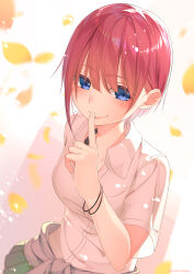 Rule 34 | 1girl, ayataka, blue eyes, clothes around waist, collared shirt, commentary request, falling leaves, finger to mouth, go-toubun no hanayome, green skirt, hair between eyes, highres, index finger raised, leaf, looking at viewer, multiple bracelets, nakano ichika, pink hair, pleated skirt, shirt, short hair, short sleeves, shushing, simple background, skirt, smile, solo, sweater, sweater around waist, white shirt