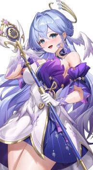 1girl blue_eyes blue_hair blush breasts commentary_request earrings feathered_wings gloves halo head_wings highres holding holding_microphone honkai:_star_rail honkai_(series) jewelry long_hair lunacle microphone musical_note_ornament open_mouth robin_(honkai:_star_rail) smile solo sweat white_gloves white_wings wings