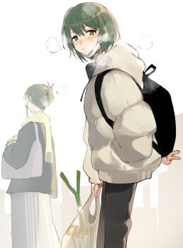 Rule 34 | 2girls, backpack, bag, bag charm, black bag, black coat, breath, charm (object), cityscape, closed mouth, coat, commentary request, drawstring, feet out of frame, folded ponytail, from behind, from side, green eyes, green hair, highres, holding, holding bag, hood, hood down, hooded coat, idolmaster, idolmaster shiny colors, looking back, mask, mask pull, mouth mask, multiple girls, nanakusa hazuki, nanakusa nichika, nasu bacon, outdoors, plastic bag, scarf, short hair, shoulder bag, skirt, spring onion, standing, surgical mask, white background, white bag, white coat, white mask, white skirt, winter clothes, winter coat, yellow scarf