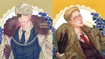 2boys axis_powers_hetalia blonde_hair blue_eyes blush brothers collared_shirt eyepatch flower formal_clothes fur-trimmed_jacket fur_trim germany_(hetalia) grey_hair hat highres holding holding_unworn_clothes holding_unworn_hat jacket long_sleeves looking_at_viewer male_focus multiple_boys necktie open_mouth prussia_(hetalia) red_eyes scar scar_on_face scar_on_mouth sheepgooo shirt short_hair siblings smile split_screen suit unworn_hat unworn_headwear upper_body