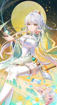 Rule 34 | 3girls, absurdres, azna, blonde hair, braid, breasts, chinese clothes, commentary request, crescent, crescent hair ornament, dress, earrings, flower, fur trim, genshin impact, hair between eyes, hair flower, hair ornament, high ponytail, highres, jewelry, long hair, long sleeves, lumine (genshin impact), multicolored hair, multiple girls, open mouth, paimon (genshin impact), ponytail, scene reference, short hair with long locks, solo, white hair, wide sleeves, yellow eyes, zibai (genshin impact)