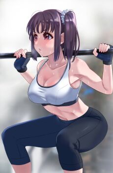 1girl armpits arms_up barbell bare_arms bare_shoulders black_gloves blurry blurry_background blush breasts capri_pants collarbone commentary_request exercising feet_out_of_frame fingerless_gloves fingernails glint gloves gym hair_ornament hair_scrunchie heavy_breathing highres igarashi_kyouhei kazuno_sarah love_live! love_live!_sunshine!! medium_breasts midriff navel open_mouth pants purple_eyes purple_hair scrunchie side_ponytail sidelocks simple_background solo sports_bra sportswear stomach sweat tight_clothes tight_pants toned twintails weight weightlifting workout_clothes yoga_pants