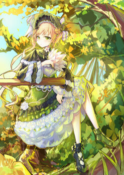 1girl absurdres blonde_hair bonnet commentary_request dress flower flower_ornament frilled_dress frills green_dress green_eyes hand_fan highres holding holding_fan lolita_fashion long_hair magical_girl mahou_shoujo_no_majo_saiban nutsumi47 rose shoes sitting tono_hanna tree white_flower white_rose