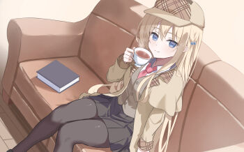 1girl arm_at_side black_pantyhose black_skirt blonde_hair blue_eyes blush book brown_hat brown_vest chief_(sakura_no_kumo) closed_mouth collared_shirt commentary_request commission couch cup deerstalker detective drinking_glass dutch_angle feet_out_of_frame hair_between_eyes hair_bobbles hair_ornament hand_up hat highres holding holding_cup jacket long_hair long_sleeves looking_at_viewer melani_e miniskirt necktie on_couch open_clothes open_jacket pantyhose pleated_skirt red_necktie sakura_no_kumo_scarlet_no_koi shirt sidelocks simple_background sitting skeb_commission skirt smile solo split_mouth steam tea teacup thighs two_side_up very_long_hair vest white_background white_shirt yellow_jacket