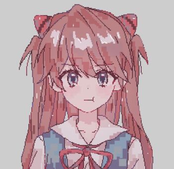 1girl blue_eyes commentary hair_between_eyes highres interface_headset_(evangelion) neon_genesis_evangelion orange_hair pixel_art rebuild_of_evangelion school_uniform souryuu_asuka_langley tokyo-3_middle_school_uniform two_side_up