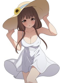 1girl :o absurdres arms_up bare_arms blush breasts brown_eyes brown_hair cleavage collarbone coro_fae dot_nose dress feet_out_of_frame fingernails flower hands_on_headwear hat hat_flower highres iino_miko kaguya-sama_wa_kokurasetai_~tensai-tachi_no_renai_zunousen~ large_breasts long_hair looking_at_viewer low_twintails paid_reward_available parted_lips see-through_dress_layer see-through_silhouette shade simple_background sleeveless sleeveless_dress solo standing sun_hat sundress sunflower twintails white_background white_dress wind wind_lift yellow_hat