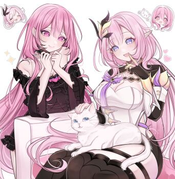 2girls animal animal_on_lap bare_shoulders black_dress black_gloves black_shorts blue_eyes breasts cat character_request cleavage commentary commission corset couch dress elf elysia_(honkai_impact) elysia_(miss_pink_elf)_(honkai_impact) english_commentary fingerless_gloves gloves hair_ornament heart highres honkai_(series) honkai_impact_3rd large_breasts multiple_girls on_couch on_lap petting pink_eyes pink_hair pointy_ears rosheil second-party_source shorts shrug_(clothing) simple_background sitting smile thighs white_background white_cat white_corset