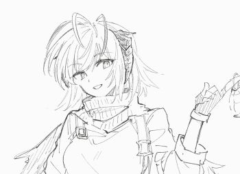 Rule 34 | 1girl, antenna hair, arknights, breasts, commentary request, cross-shaped pupils, demon girl, demon horns, ebi (pebikyoukai), explosive, fingerless gloves, gloves, grenade, greyscale, holding, holding grenade, horns, looking at viewer, medium hair, monochrome, sketch, smile, solo, symbol-shaped pupils, upper body, w (arknights)