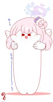 &gt;_&lt; :d afterimage blue_archive blue_flower blush closed_eyes colored_shadow commentary_request corrupted_twitter_file disembodied_hand facing_viewer flower hair_bun hair_flower hair_ornament halo highres kurukurumagical longcat_(meme) meme mika_(blue_archive) open_mouth shadow simple_background single_side_bun smile solo_focus translation_request white_background xd