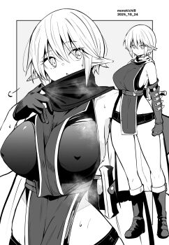 1girl artist_name boots breasts commentary_request covered_erect_nipples dated elf full_body gloves grey_background greyscale hair_between_eyes highres kichihachi large_breasts looking_at_viewer monochrome multiple_views open_mouth original pelvic_curtain pointy_ears scarf short_hair standing sweat thighs two-tone_background