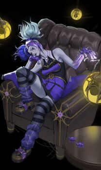 1girl absurdres alternate_costume armchair bare_shoulders bkgz192959 black_background candy chair closed_mouth colored_skin dress fingerless_gloves food gloves grey_hair highres league_of_legends leaning_to_the_side multicolored_skin prestige_fright_night_zeri purple_hair shoes sitting solo striped_clothes striped_thighhighs table thighhighs twintails two-tone_skin zeri_(league_of_legends)
