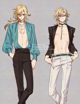 2boys aqua_belt artist_name aventurine_(honkai:_star_rail) belt belt_buckle black_choker black_jacket black_pants blonde_hair blue_eyes blue_shirt buckle center_opening choker closed_mouth collarbone commentary_request crossed_bangs earrings genshin_impact gold_necklace grey_background hair_between_eyes hand_in_pocket highres honkai:_star_rail honkai_(series) jacket jewelry kaveh_(genshin_impact) long_hair long_sleeves looking_at_viewer male_focus medium_hair mihoyo multicolored_eyes multiple_boys navel neck_ribbon necklace ojo_aa open_clothes open_jacket pants parted_bangs pectoral_cleavage pectorals puffy_long_sleeves puffy_sleeves purple_eyes red_eyes ribbon serious shirt simple_background single_earring standing stomach thumb_in_pocket twitter_username v-shaped_eyebrows watermark white_pants