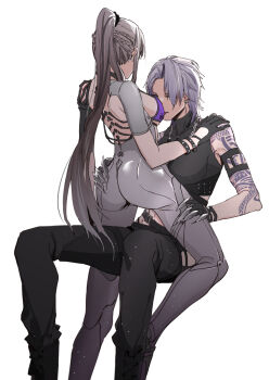 2girls ass bai_yi_(path_to_nowhere) bodysuit bra breasts gloves grabbing_another&#039;s_ass grey_bodysuit groping hand_on_another&#039;s_shoulder highres iceky invisible_chair large_breasts long_hair medium_breasts multiple_girls parted_lips path_to_nowhere ponytail purple_bra simple_background sitting underwear white_background yuri zoya_(path_to_nowhere)