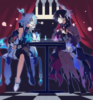 2girls ascot asymmetrical_gloves asymmetrical_legwear black_hair blue_fire board_game cerydra_(honkai:_star_rail) chess crown curtains detached_sleeves dress earrings fire gloves hair_ornament hashtag-only_commentary highres honkai:_star_rail honkai_(series) hysilens_(honkai:_star_rail) jewelry looking_at_another low_wings maroronegi mini_crown multiple_girls necklace single_earring sitting thighhighs white_hair wings