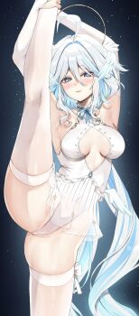1girl :3 absurdres ahoge armpits arms_up ballerina ballet blue_eyes blue_hair breasts breasts_apart cleavage_cutout clothing_cutout commentary covered_navel drop-shaped_pupils flexible frilled_leotard frills furina_(genshin_impact) genshin_impact hair_between_eyes heterochromia highleg highleg_leotard highres holding_leg kneepits leg_hold leg_lift leotard light_blue_hair long_hair looking_at_viewer mismatched_pupils multicolored_hair neck_garter plantar_flexion presenting_armpit sleeveless_turtleneck_leotard small_breasts solo split standing standing_on_one_leg standing_split star_(symbol) star_symbol_background streaked_hair symbol-shaped_pupils thighhighs thighs tutu very_long_hair vitaminechan white_hair white_leotard