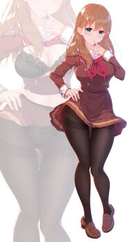 Rule 34 | 1girl, absurdres, black bra, black pantyhose, blue eyes, bra, breasts, brown hair, brown serafuku, brown shirt, brown shoes, brown skirt, cleavage, clothes lift, commentary request, hand on own hip, hibike! euphonium, highres, kitauji high school uniform, kurenaiz (kureniz), kuroe mayu, loafers, long sleeves, neckerchief, pantyhose, pleated skirt, red neckerchief, sailor collar, school uniform, serafuku, shirt, shirt lift, shoes, simple background, skirt, thighband pantyhose, thighs, underwear, white background, white sailor collar, zoom layer