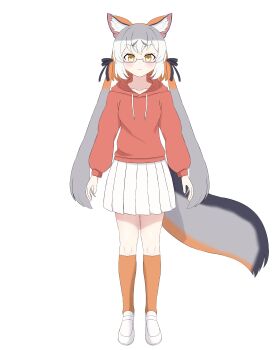 Rule 34 | 1girl, absurdres, animal ears, brown hair, commentary request, extra ears, fox ears, fox girl, fox tail, full body, glasses, grey hair, highres, hood, hoodie, island fox (kemono friends), kemono friends, kemono friends v project, long hair, looking at viewer, mayo3432, ribbon, shoes, simple background, skirt, socks, solo, tail, twintails, virtual youtuber, yellow eyes