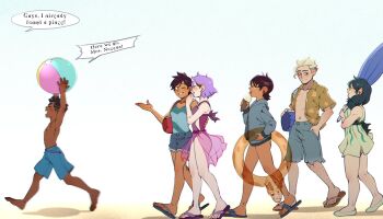 2boys 4girls amity_blight ball beach_umbrella beachball blue_male_swimwear blue_swim_trunks brown_hair dark-skinned_female dark-skinned_male dark_skin eyebrow_cut gus_porter hawaiian_shirt hunter_(the_owl_house) innertube luz_noceda male_swimwear multiple_boys multiple_girls omy-chan open_clothes open_shirt pointy_ears purple_hair running sandals shirt shorts swim_ring swim_trunks swimsuit swimsuit_under_clothes the_owl_house umbrella vee_(the_owl_house) willow_park