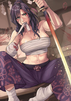 1girl bandages bandages bare_shoulders bleeding blood blood_on_face blood_on_wall bloody_bandages blood_on_clothes blush breasts collarbone dakushido scar_on_face fingernails floral_print green_eyes hair_between_eyes highres holding holding_sword holding_weapon injury japanese_clothes katana medium_hair mole mole_on_breast navel original pink_lips purple_hair samurai sarashi scar scar_across_eye scar_on_cheek scar_on_face signature sitting solo sweat sword teeth tools weapon white_footwear