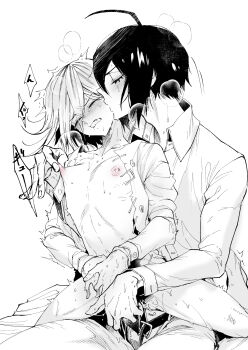 2boys ahoge anal belt biting_own_lip blush bottomless clenched_teeth closed_eyes collared_shirt commentary_request danganronpa_(series) danganronpa_v3:_killing_harmony flipped_hair greyscale hair_between_eyes highres kiss kissing_cheek male_focus male_penetrated matudairaks monochrome multiple_boys nipple_stimulation oma_kokichi open_belt open_clothes open_shirt partially_undressed pectorals puffy_nipples reverse_cowgirl_position saihara_shuichi sex shirt short_hair sitting size_difference spot_color spread_legs straddling sweat tears teeth translation_request white_background yaoi