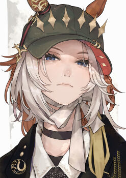 1girl absurdres animal_ears black_choker black_coat blue_eyes choker closed_mouth coat collared_shirt ear_covers ear_ornament ears_through_headwear hat highres horse_ears horse_girl long_hair looking_at_viewer multicolored_hair multiple_girls orange_hair orfevre_(umamusume) oshiri_seijin portrait shirt single_ear_cover solo two-tone_hair umamusume white_hair white_shirt