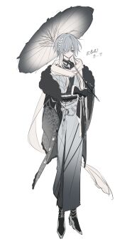 1boy ahoge androgynous black_boots black_bow black_choker black_gloves black_haori black_jacket black_sash blue_eyes boots bow choker closed_mouth commentary_request expressionless full_body fur-trimmed_jacket fur_trim gloves grey_hair grey_kimono grey_umbrella hair_ornament hair_over_one_eye haori highres holding holding_umbrella jacket japanese_clothes jitome kimono leaf_hair_ornament looking_down male_focus multicolored_hair oil-paper_umbrella open_clothes open_jacket original patterned_clothing ribbon_choker saba_sosk sash scarf scissors short_hair_with_long_locks simple_background solo standing streaked_hair tachi-e two-tone_hair umbrella waist_bow waist_sash wallet_chain white_background white_hair white_scarf white_streaks wide_sleeves