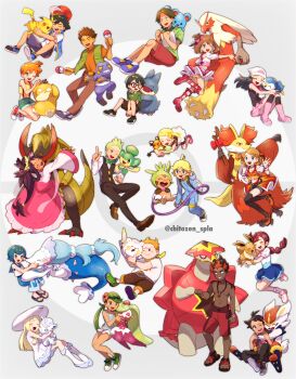 6+boys 6+girls :d ;d absurdres ahoge alolan_form alolan_vulpix artist_name ash_ketchum belt black_hair blaziken blonde_hair blue_eyes blue_hair bonnie_(pokemon) boots bow bowtie braid braided_ponytail brock_(pokemon) brown_eyes chespin child chitozen_(pri_zen) chloe_(pokemon) cilan_(pokemon) cinderace clemont_(pokemon) closed_eyes commentary_request croagunk dark-skinned_female dark-skinned_male dark_skin dawn_(pokemon) dedenne delphox eevee english_text full_body gen_1_pokemon gen_2_pokemon gen_3_pokemon gen_4_pokemon gen_5_pokemon gen_6_pokemon gen_7_pokemon gen_8_pokemon glasses goh_(pokemon) green_bow green_bowtie green_hair hair_between_eyes hair_bow hair_rings hairband happy haxorus highres holding hug index_finger_raised iris_(pokemon) jacket jewelry kiawe_(pokemon) lana_(pokemon) legendary_pokemon lillie_(pokemon) looking_at_another looking_at_viewer mallow_(pokemon) marill max_(pokemon) may_(pokemon) misty_(pokemon) multicolored_hair multiple_boys multiple_girls munchlax necklace nintendo one_eye_closed open_clothes open_jacket open_mouth orange_hair pansage pants pikachu pink_boots pink_skirt piplup poke_ball poke_ball_(basic) pokemon pokemon_(anime) pokemon_(classic_anime) pokemon_(creature) pokemon_bw_(anime) pokemon_dppt_(anime) pokemon_journeys pokemon_rse_(anime) pokemon_sm_(anime) pokemon_xy_(anime) primarina psyduck red_hair serena_(pokemon) shirt shoes short_sleeves simple_background skirt smile sophocles_(pokemon) tail teeth thank_you togedemaru topless_male tracey_sketchit tsareena turtonator upper_teeth_only white_background wide_sleeves zygarde zygarde_core