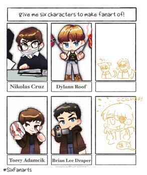 1other 6+boys :3 :d a1binos1ug animal_ears animification ankle_boots arm_at_side bare_arms bare_shoulders black-framed_eyewear black_hair black_shirt black_sweater black_tank_top blood blood_on_mask bloody_knife blue_eyes blue_pants blunt_bangs book boots bowl_cut brian_draper brown_boots brown_coat brown_hair camera cat_boy cat_ears cat_tail character_name character_request chibi chibi_only closed_mouth clothes_writing coat collared_shirt commentary_request cowboy_shot double_v dylan_klebold dylann_roof english_text eric_harris expressionless eyebrows_hidden_by_hair eyepatch fire flag freckles frown full_body glasses green_eyes grey_pants hair_behind_ear halftone halftone_background hand_up hands_up highres holding holding_camera holding_flag holding_knife holding_mask hood hood_down hooded_coat jitome kemonomimi_mode knife lace-up_boots long_sleeves male_focus mask mask_pull mixed-language_text mouth_mask multiple_boys multiple_drawing_challenge nikolas_cruz one_eye_covered open_clothes open_coat open_mouth pants pocket real_life shirt short_hair simple_background six_fanarts_challenge smile sparkle speech_bubble standing sunglasses sweatdrop sweater table tail tank_top thick_eyebrows torey_adamcik trait_connection translation_request upper_body v very_short_hair white_background white_mask white_shirt