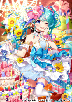 1girl absurdly_long_hair absurdres anniversary aqua_bow aqua_dress aqua_eyes aqua_footwear aqua_hair aqua_skirt arm_bow artist_name artist_request bare_legs bare_shoulders black_bow blue_bow blue_dress blue_eyes blue_hair bow bowtie box bracelet breasts cake cleavage collarbone criss-cross_halter dress female_focus flower flower_dress food footwear_bow frilled_dress frills gift gift_box grgrgdgd hair_flower hair_ornament halterneck hatsune_miku high_heels highres holding holding_unworn_clothes jewelry long_hair nail_(hardware) nail_polish one_eye_closed pearl_bracelet pink_bow pink_nails pom_pom_(clothes) pom_pom_hair_ornament skirt small_breasts solo standing standing_on_one_leg sunflower twintails very_long_hair vocaloid white_detached_collar white_dress white_legwear white_skirt white_wrist_cuffs wrist_cuffs