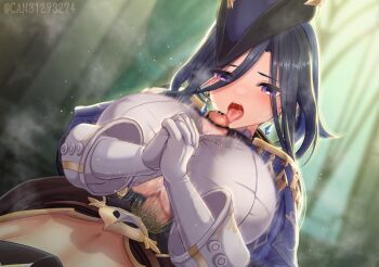 1boy 1girl aether_(genshin_impact) alternate_breast_size bar_censor blue_cape blue_hair breasts bursting_breasts button_gap can_(canzume) cape censored clorinde_(genshin_impact) commentary_request dark_blue_hair earrings elbow_gloves epaulettes fellatio floating_earrings fold-over_gloves genshin_impact gloves hair_between_eyes hat hetero huge_breasts jewelry large_variant_set licking licking_penis long_hair long_hair_between_eyes looking_at_penis male_pubic_hair motion_blur motion_lines multicolored_hair oral own_hands_clasped own_hands_together paid_reward_available paizuri paizuri_under_clothes penis pubic_hair purple_eyes shirt streaked_hair tricorne twitter_username variant_set white_gloves white_shirt