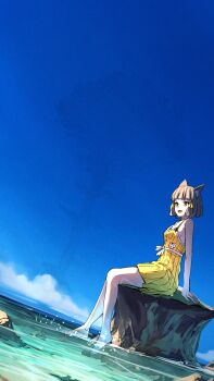 1girl :d absurdres animal_ear_fluff animal_ears bare_arms bare_shoulders barefoot blue_sky brown_hair cloud commentary_request day dress dutch_angle highres horizon nia_(fancy_sundress)_(xenoblade) nia_(xenoblade) ocean open_mouth orange_eyes outdoors poteto_(potetosarada123) short_hair sky sleeveless sleeveless_dress smile solo water xenoblade_chronicles_(series) xenoblade_chronicles_2 yellow_dress